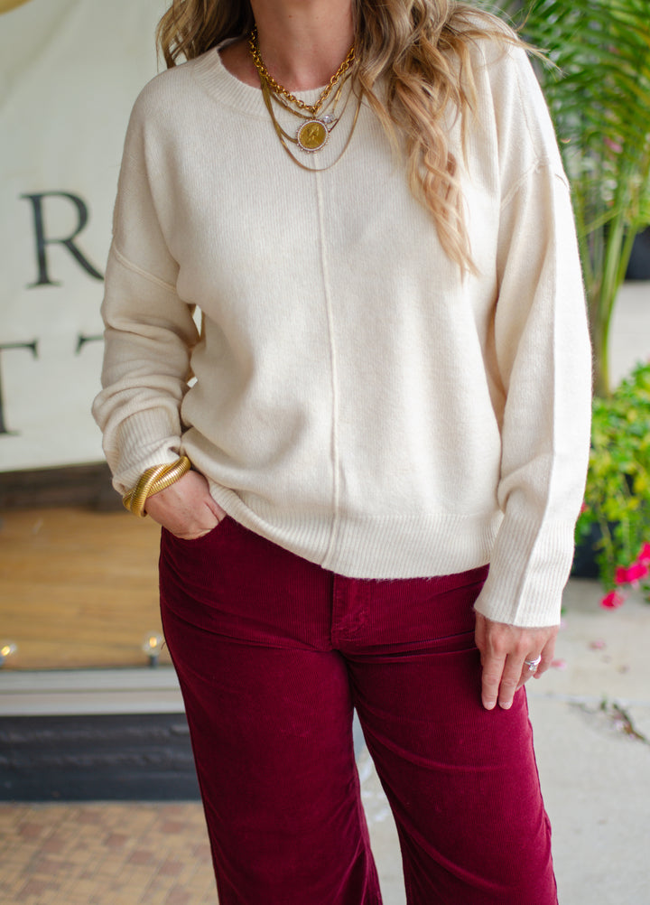 Take Me Back Cream Knit Crewneck Front Seam Sweater