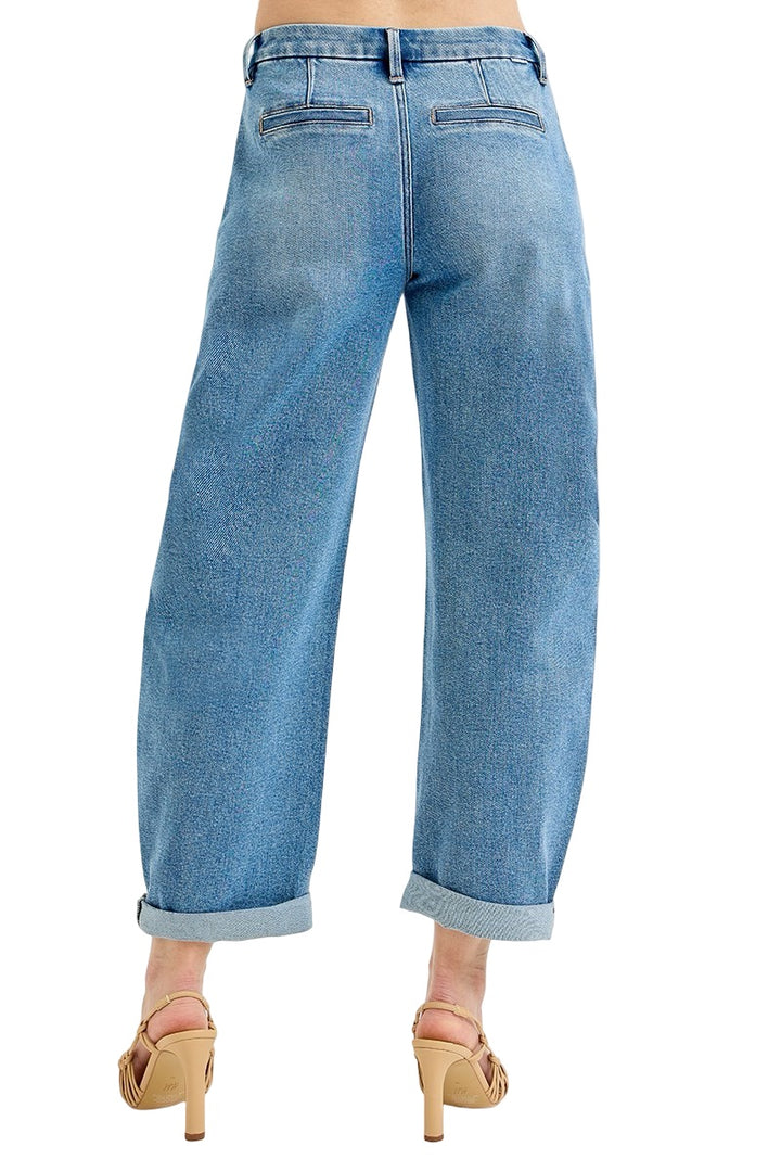 Risen Slouchy Barrel Rolled Up Jeans in Medium Wash
