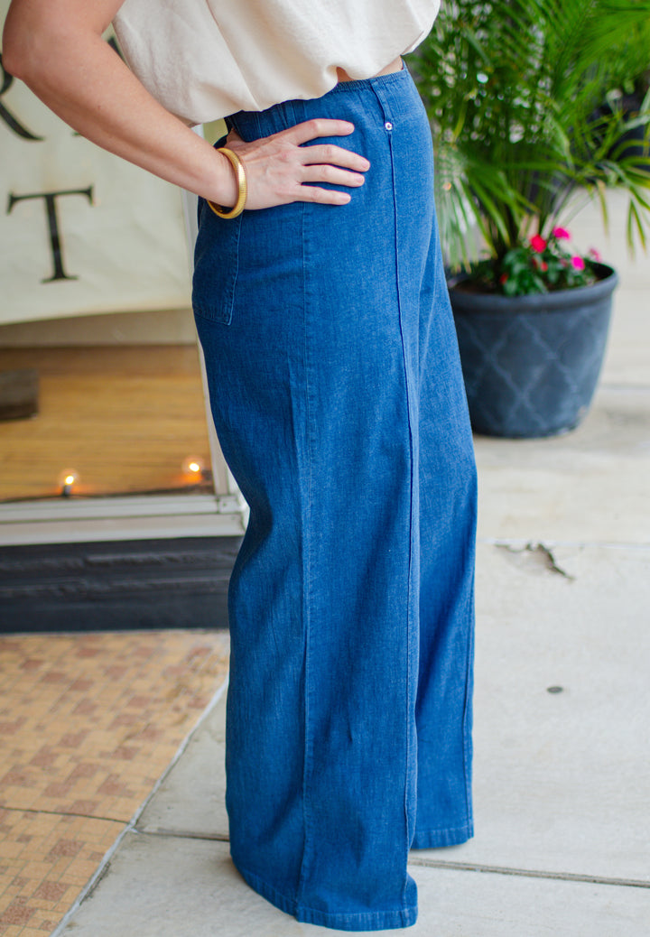 Summer Stroll Chambray High Rise Wide Leg Pintuck Pants