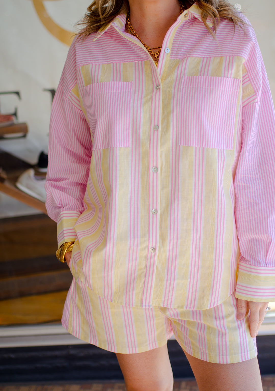 Pink Preppy Button Down Long Sleeve Stripe Top in Pink & Yellow