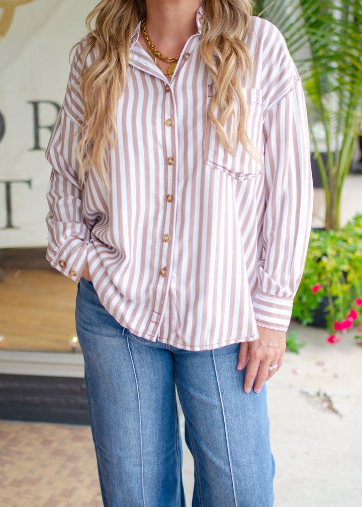 Casual Classic Stripe Collared Button Down Long Sleeve Shirt in Brown