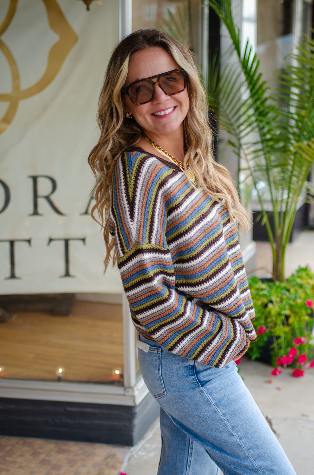 Vintage Feel Multicolor Stripe Long Sleeve Pullover Sweater