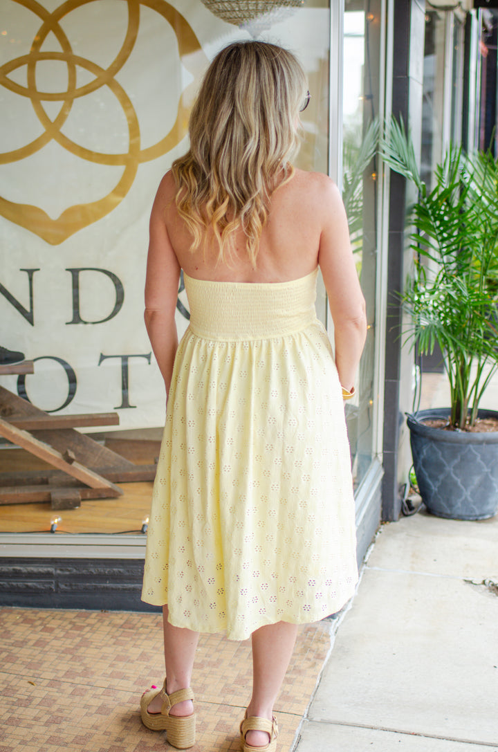 Spring Forward Eyelet Smocked Halter Dress in Yellow