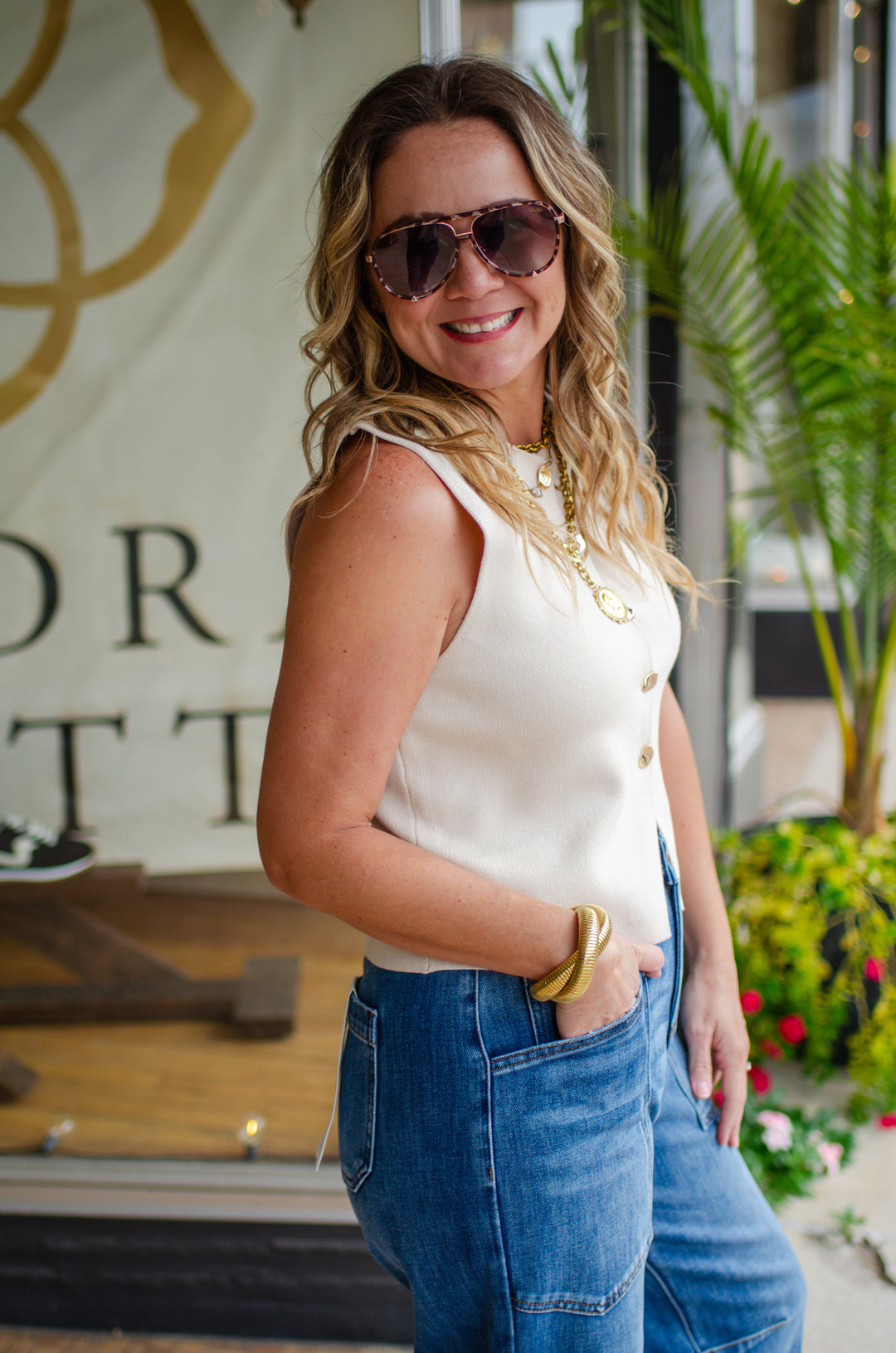 Classic Style Button Down Top in Cream