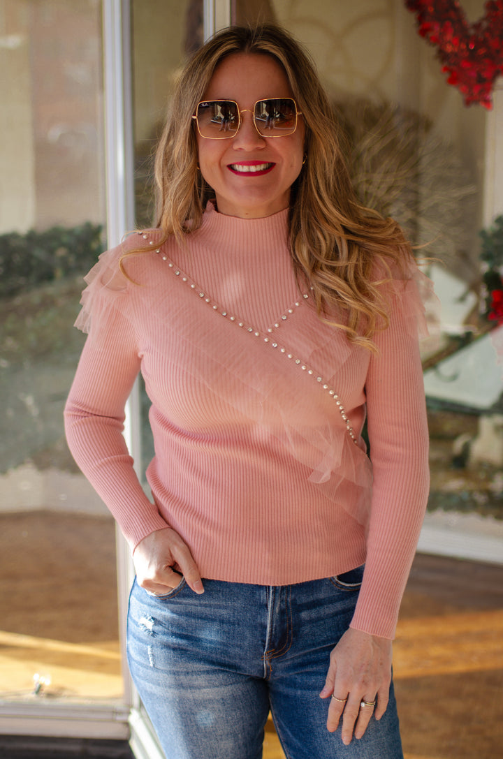 Pink Tulle Rhinestone Sweater