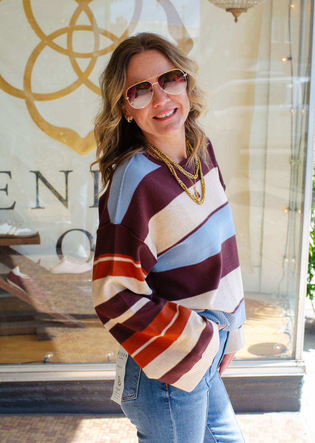 Living On A Prayer Fall Stripe Bell Sleeve Top