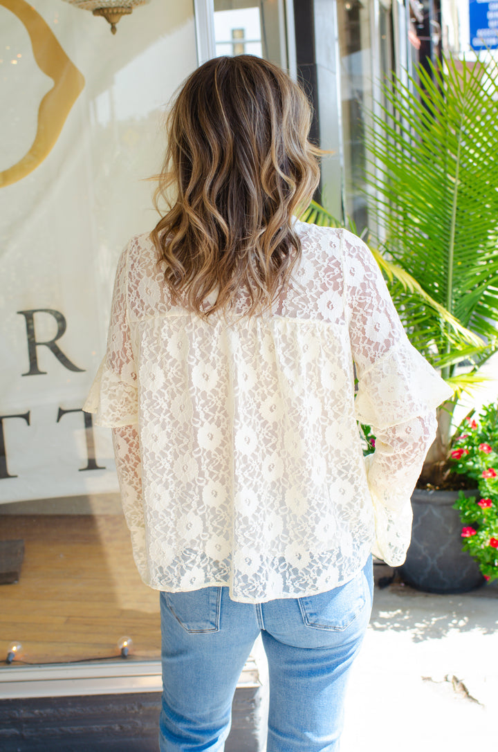 Bell of The Ball Lace Floral Ruffle Sleeve Blouse in Cream