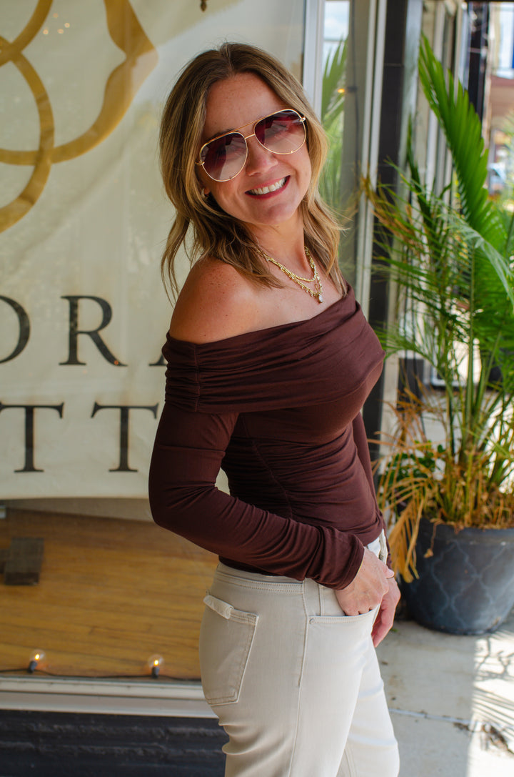 Casual Sophistication Off-the-shoulder Top in Brown