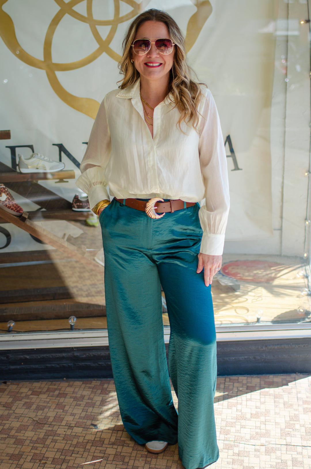 Take Me Back Pearl Collar Button Down Tuck Front Top in Cream