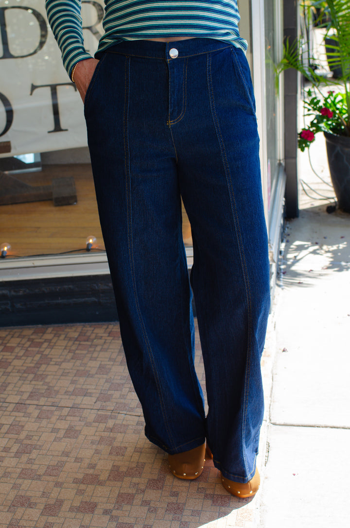 Denim Dreamer Wide Leg Seam Front Dark Denim Pants