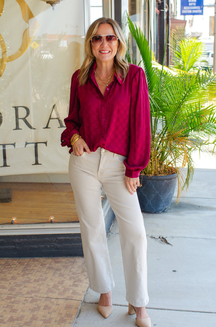 Always Classic Textured Polka Dot Collar Button Down Top in Wine
