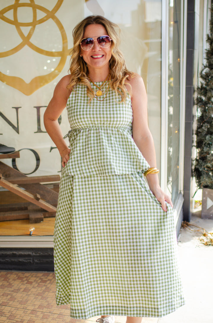 Spring Stroll Gingham Midi Skirt in Green