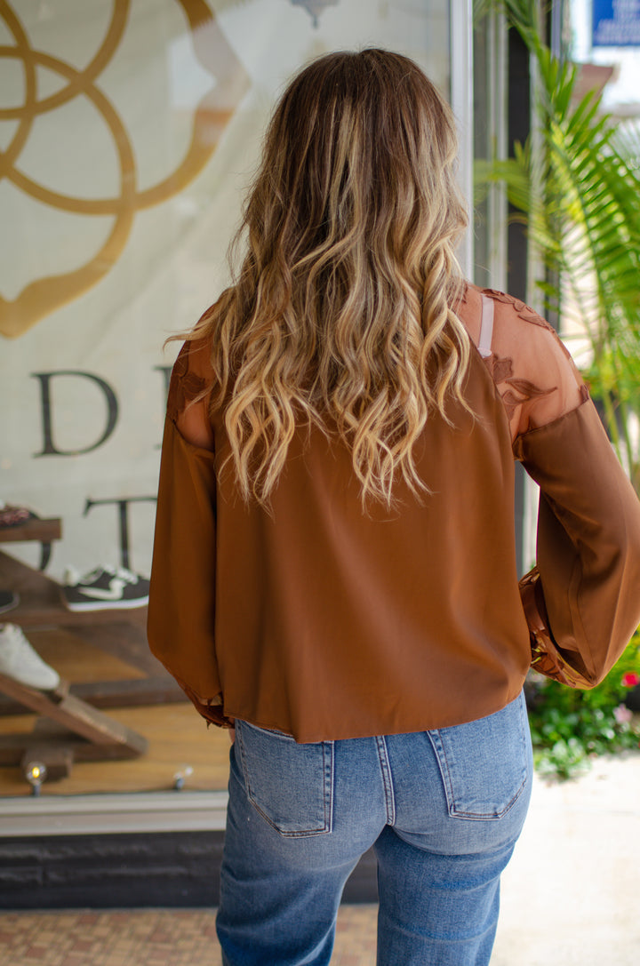 Romantic Night Floral Sheer Sleeve Round Neck Blouse in Bronze