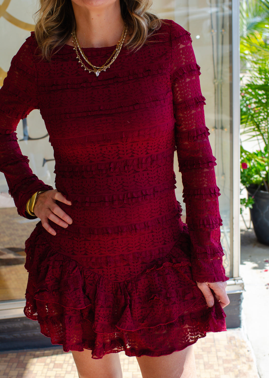 Spin Me Around Burgundy Lace Long Sleeve Dress