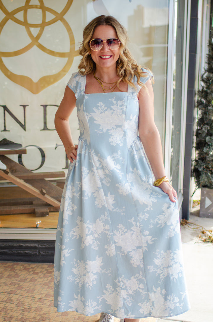 Floral Dreamer Midi Length Ruffle Shoulder Dress in Light Blue