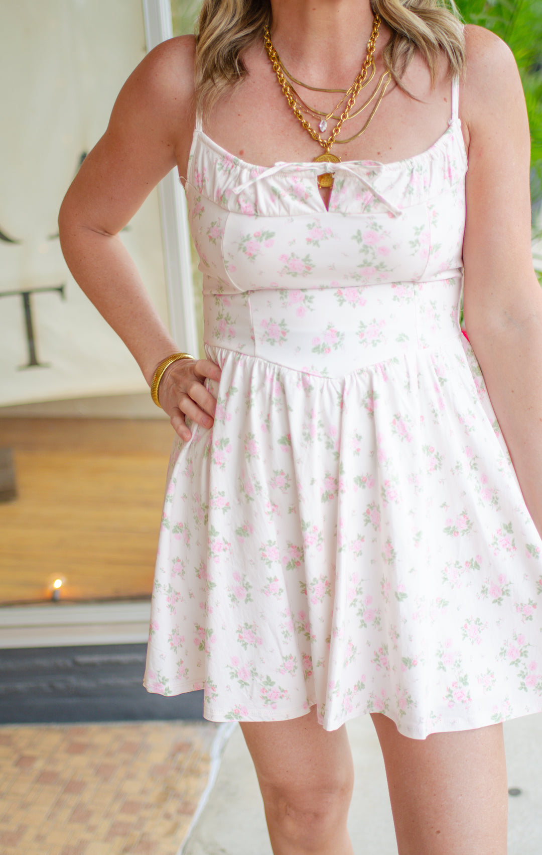 Summer Floral Print Ruched Corset Top Empire Waistline Dress in Pink