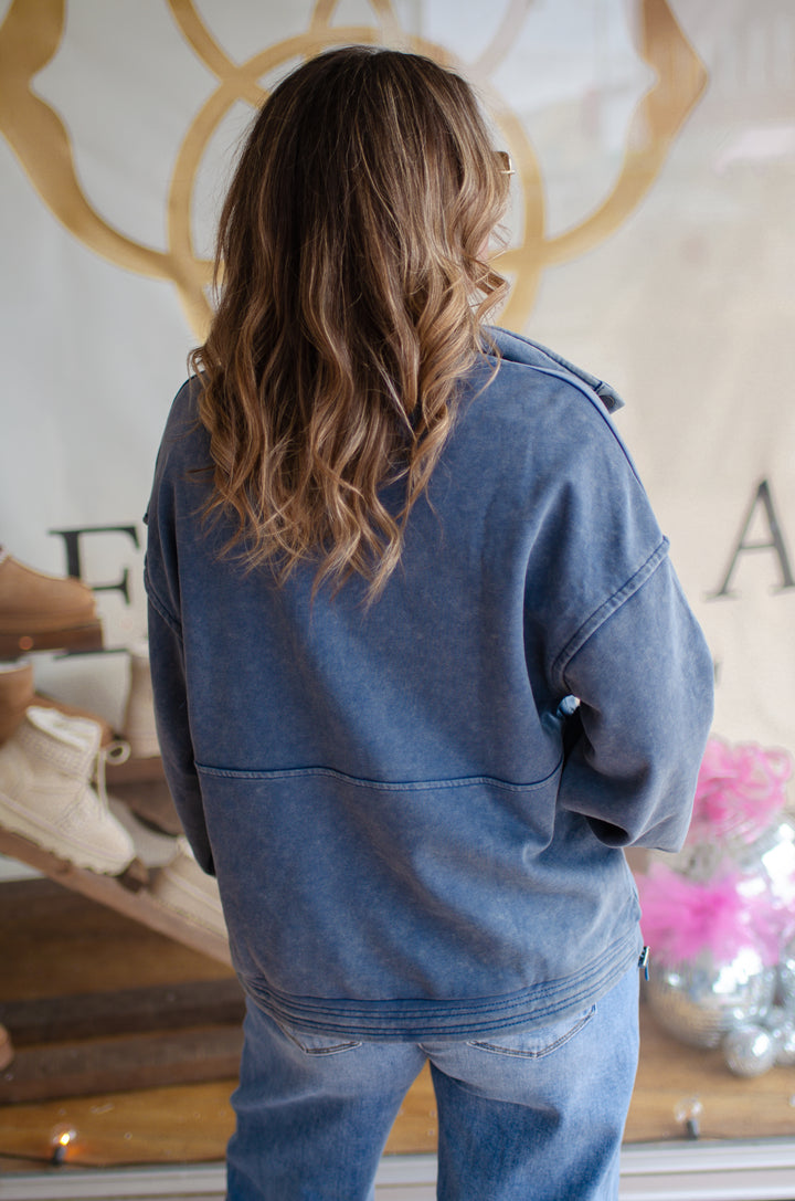 Take It Easy Mineral Washed Button Down Henley Sweatshirt Top in Denim Blue