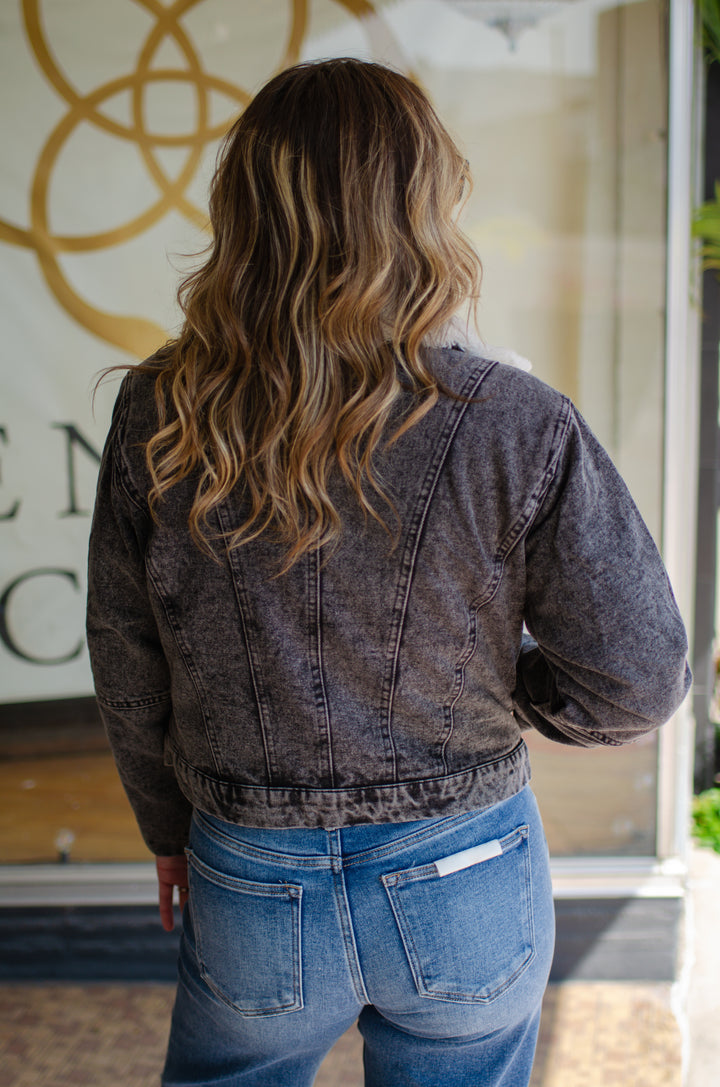Take My Hand Medium Wash Shearing Denim Jacket in Black Denim
