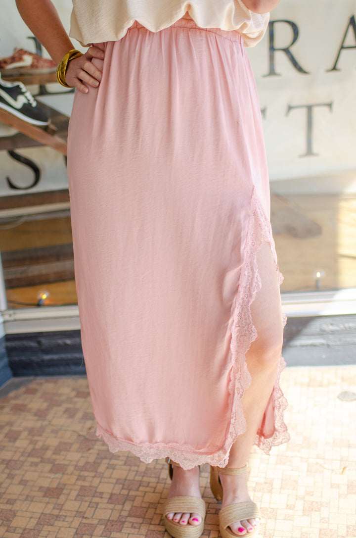 Sweet Embrace Satin Lace Hem Slip Skirt in Pink