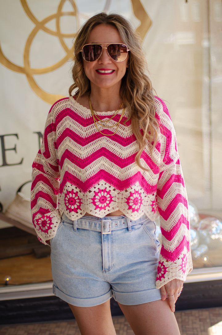 Pink Boho Crochet Knit Long Sleeve Top in Hot Pink