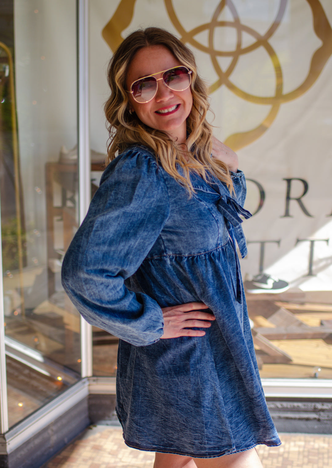 Denim Dreamer Bow Front Washed Dark Denim Dress