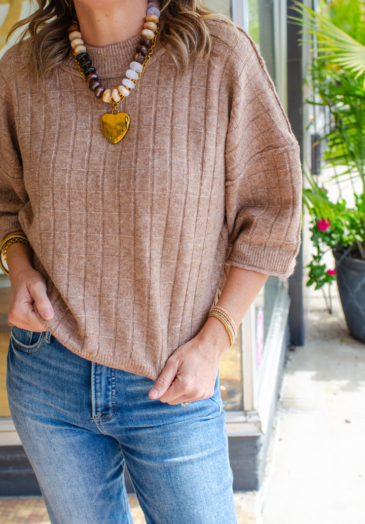 Perfect Fall Short Sleeve Textured Sweater Top in Mocha