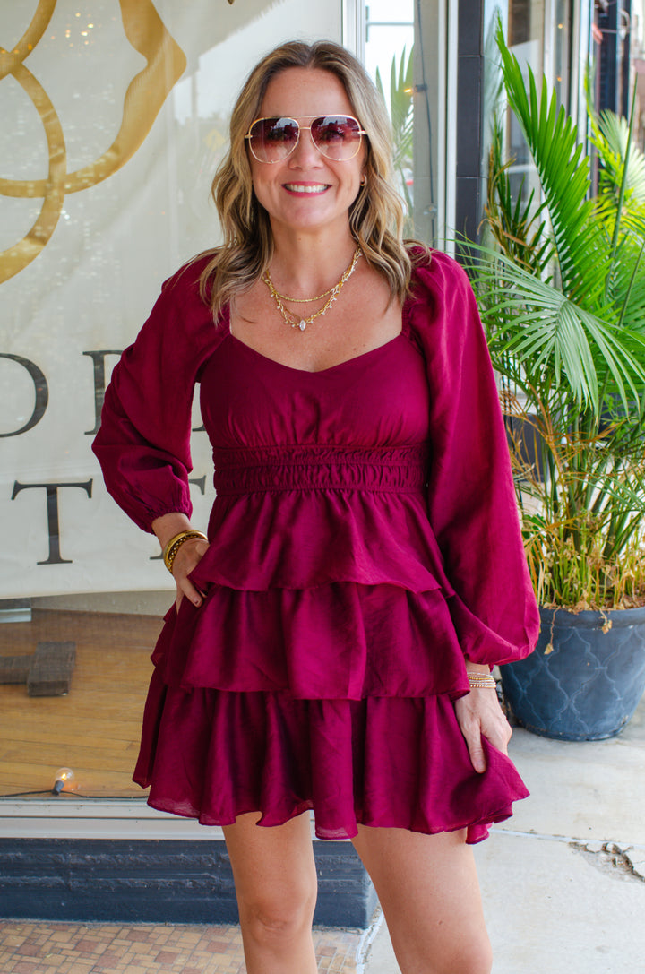 Go Your Own Way Ruffle Tiered Dress in Burgundy