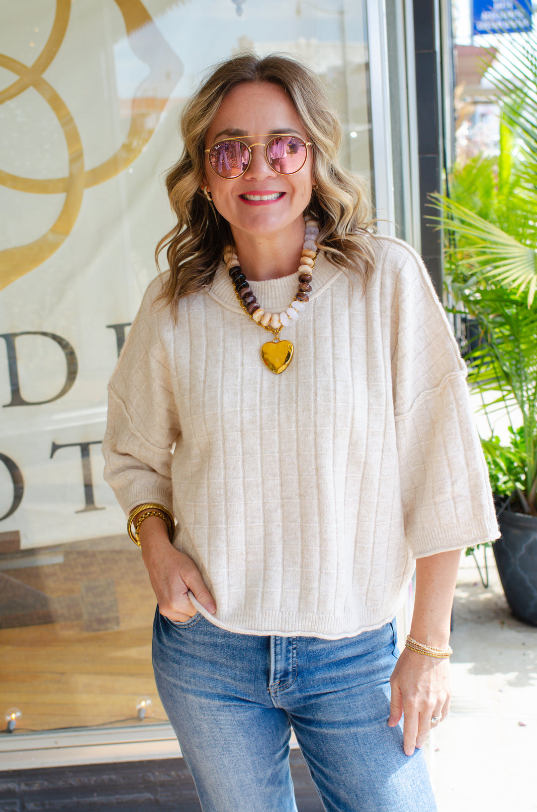 Perfect Fall Short Sleeve Textured Sweater Top in Oatmeal