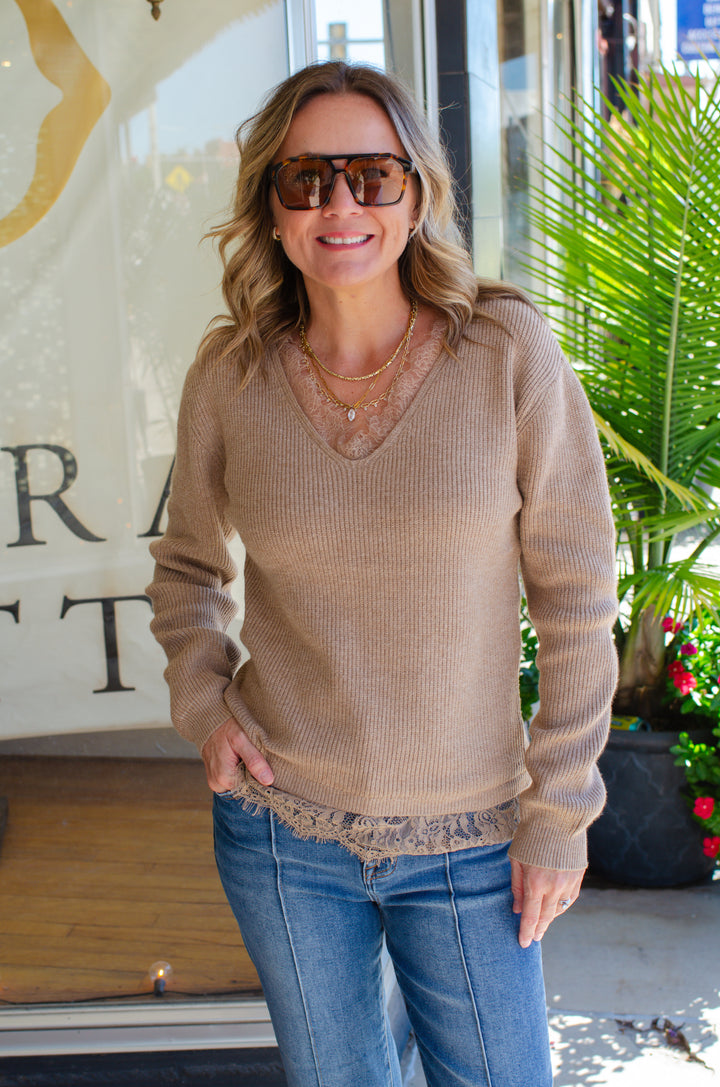 Sweet Symphony Lace Trim Knit Sweater in Tan