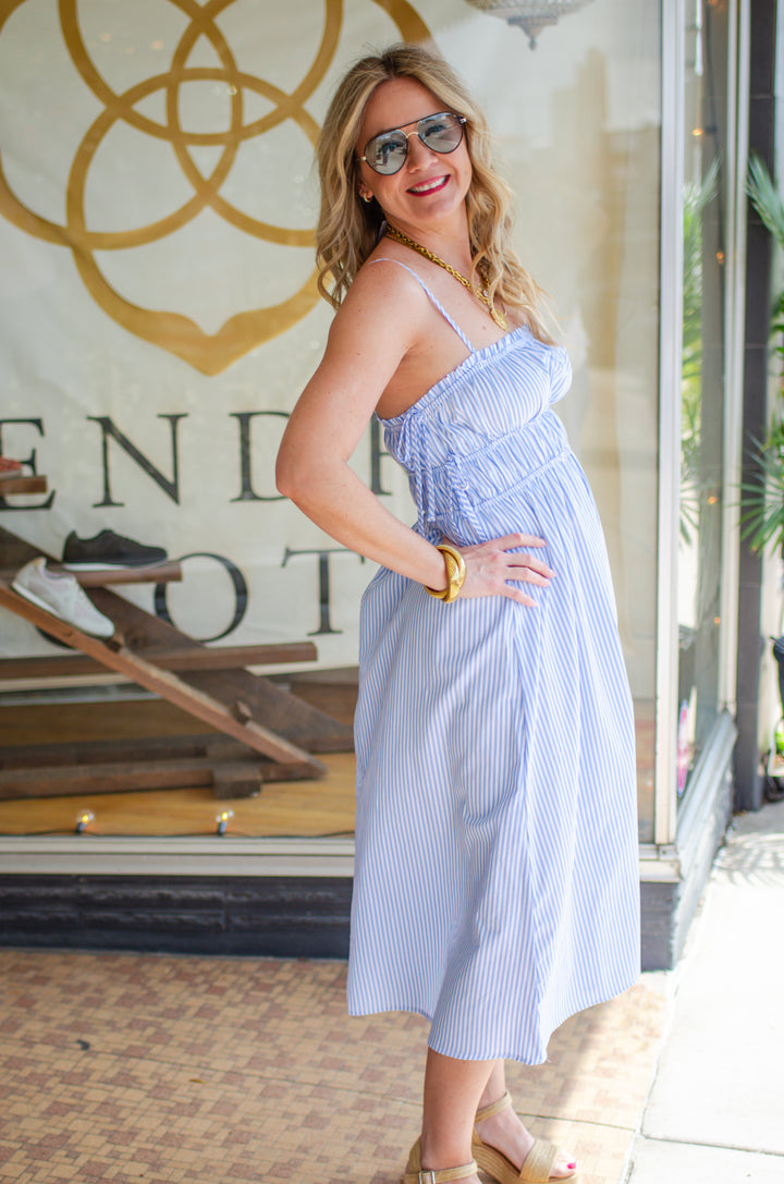 Amalfi Stripe Side Tie Midi Dress in Blue & White