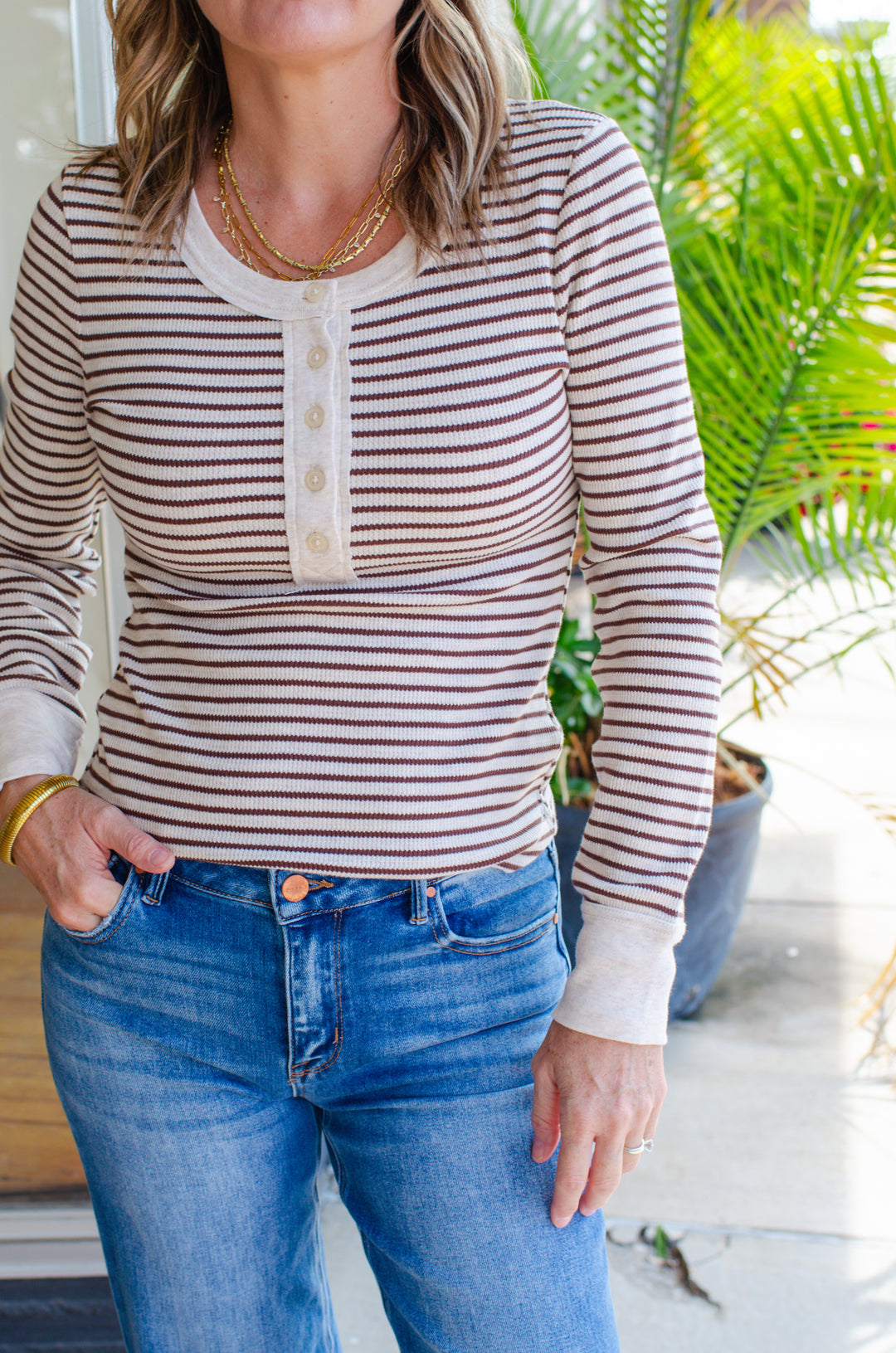 Fall Moment Stripe Henley Top in Oatmeal & Chocolate Mix