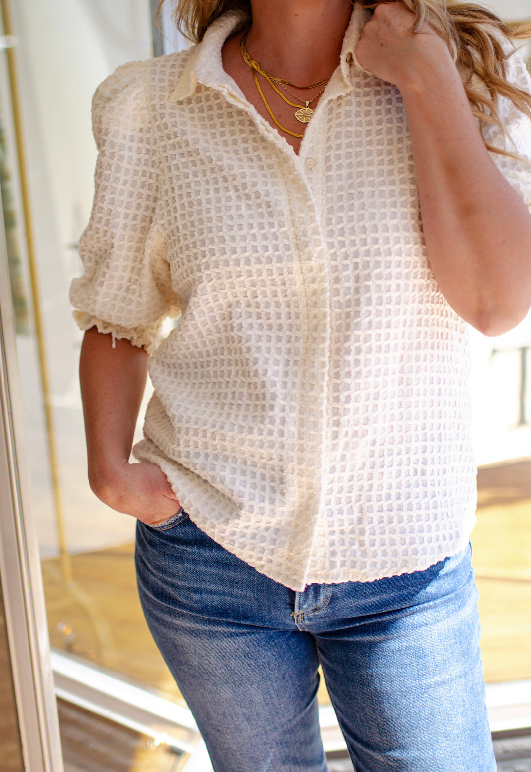 Moment in Time Collared Neck Puff Sleeve Button Down Top in Cream