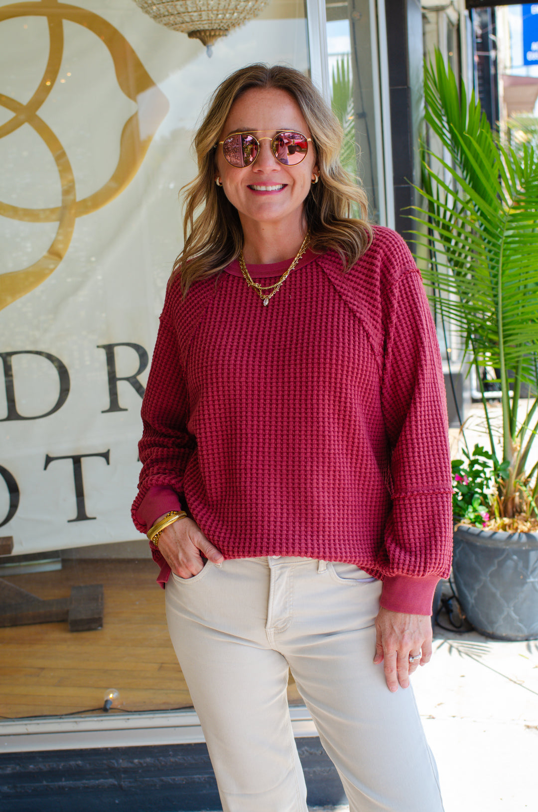 Warm Wished Waffle Long Sleeve Top in Burgundy
