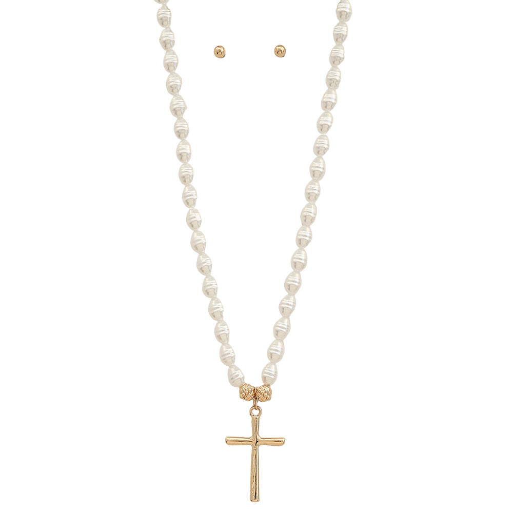 Pearl Chain Gold Cross Necklace