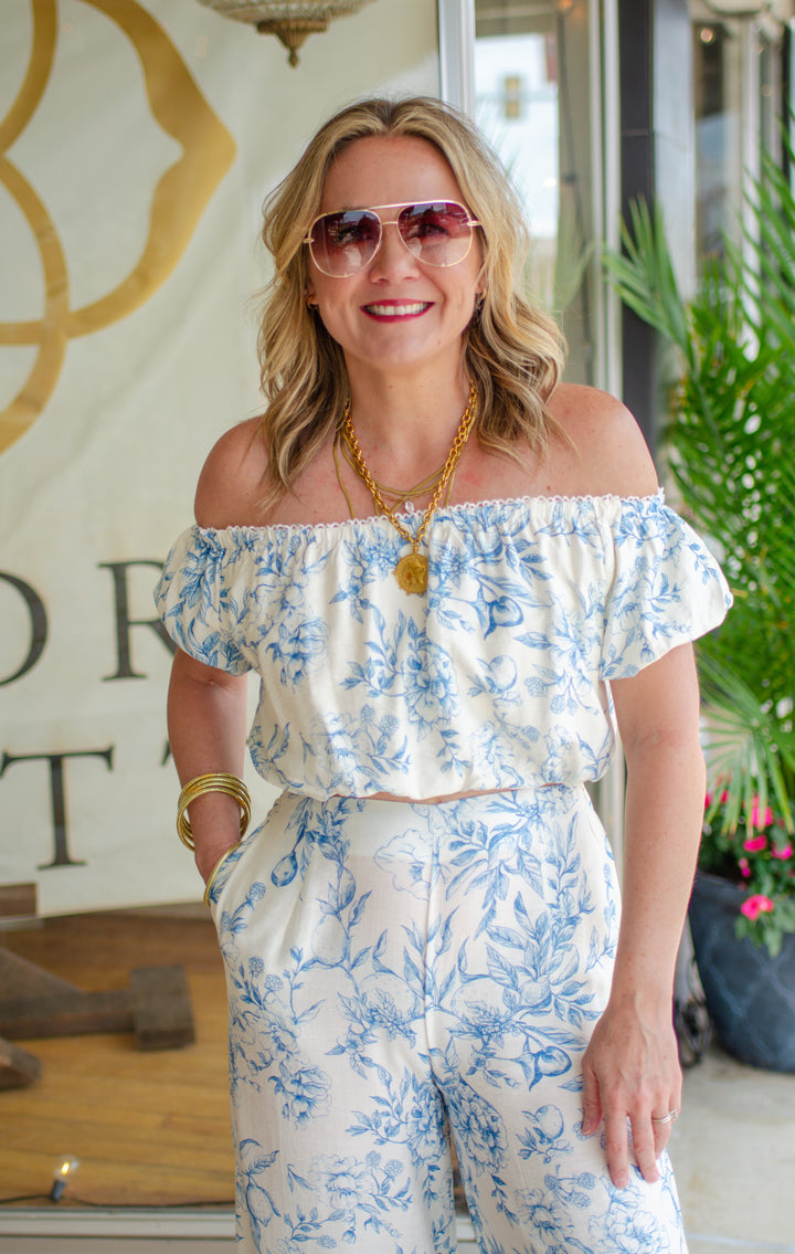 Capri Sunset Blue Toile Floral Off The Shoulder Top
