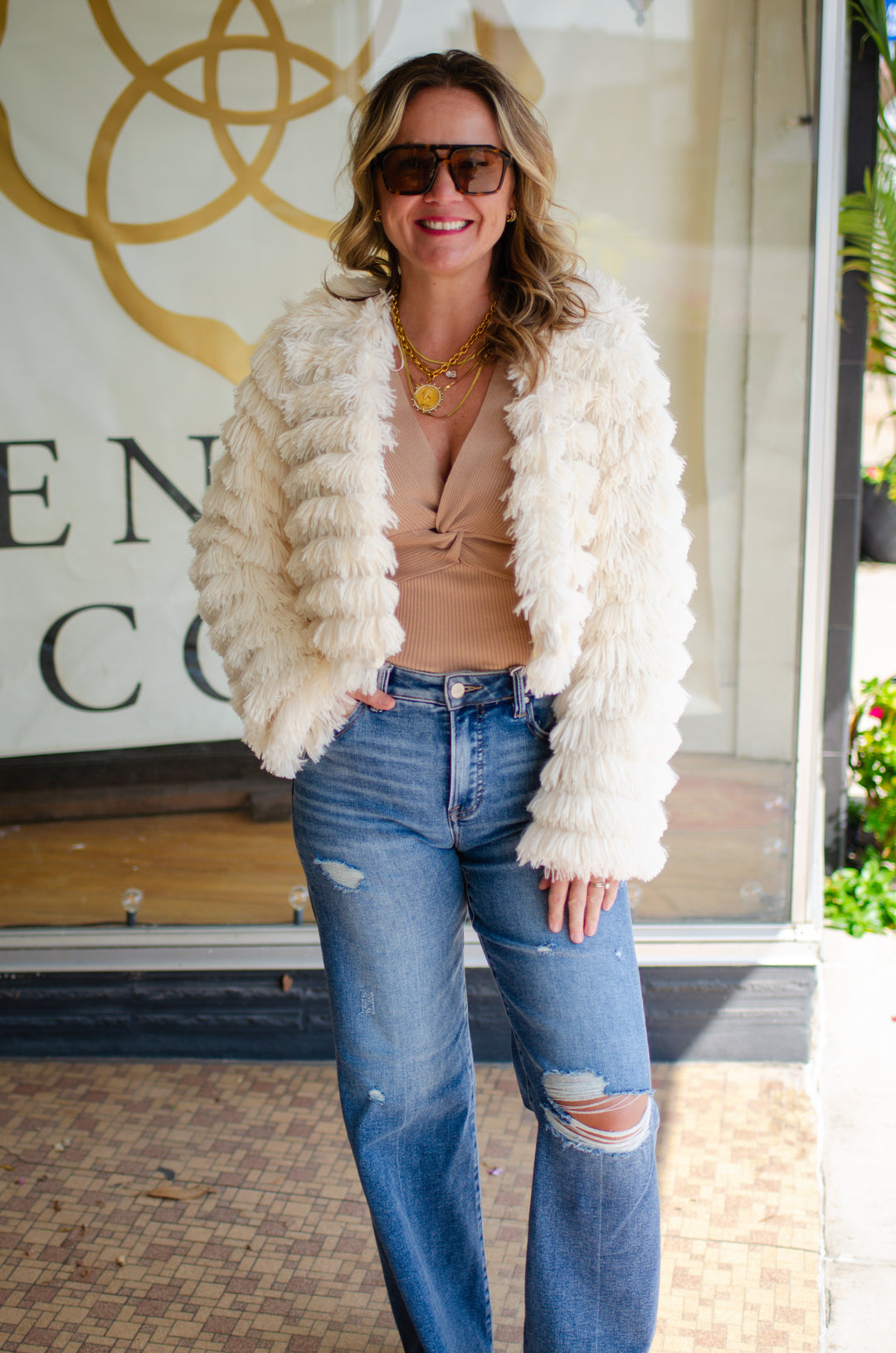 Almost Famous Shag Cropped Jacket in Cream