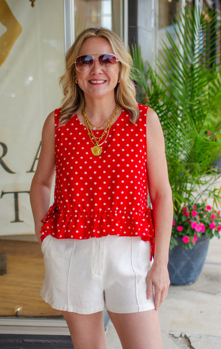 Spot On Red Polka Dot Ruffle Hem Bow Side Tank