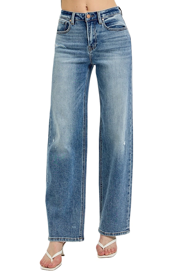 Risen High Rise Wide Leg Jeans in Medium Wash