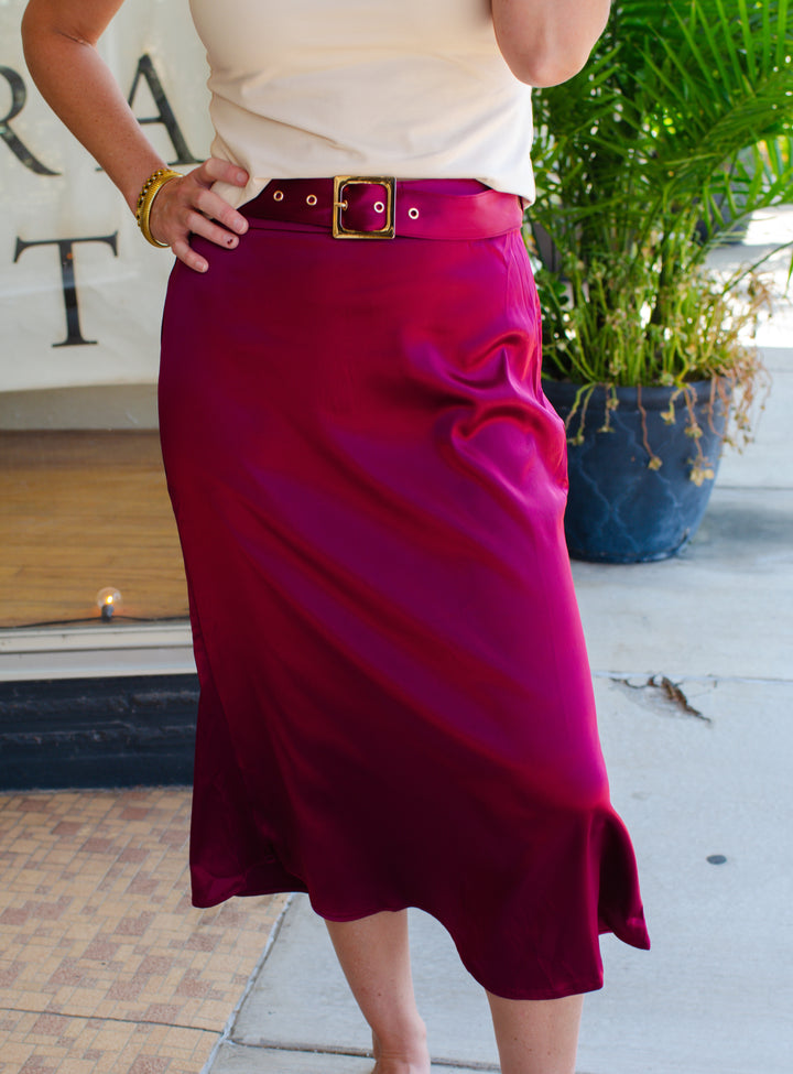 City Chic Belted Midi Skirt  in Burgundy