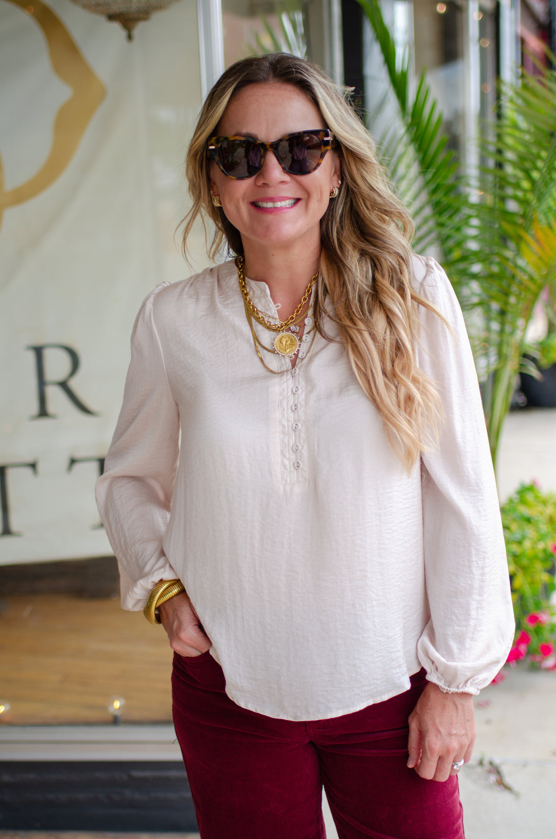 Weekend Romance Silky Button Down Blouse in Champagne