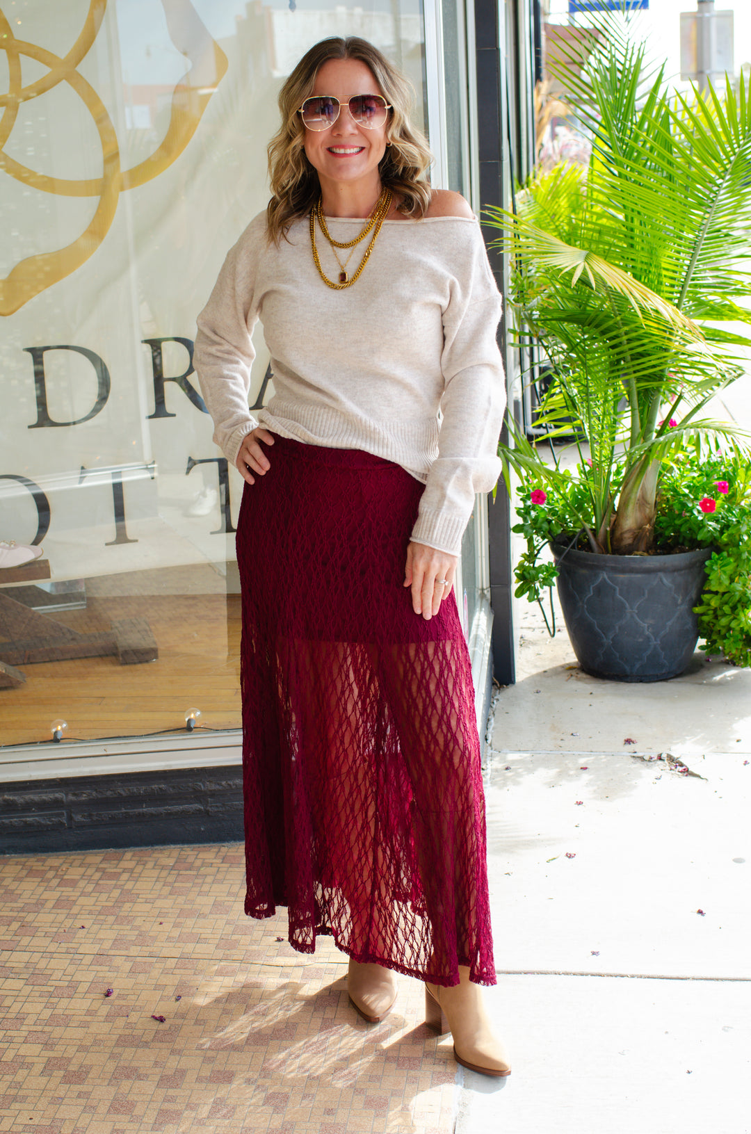 Boho Babe Sheer Lace Midi Skirt in burgundy