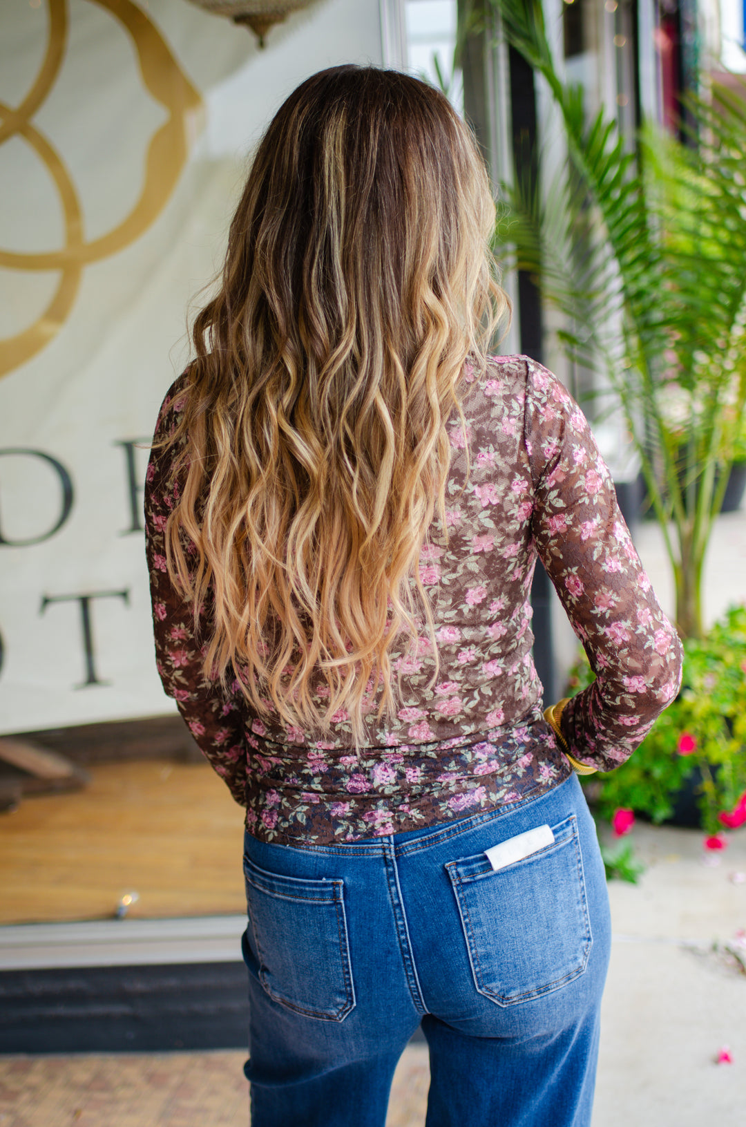 Fall Floral High Neck Sheer Mesh Lace Top in Chocolate