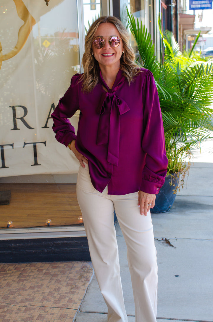 Your My Beau Tie Front Silky Long Sleeve Top in Eggplant
