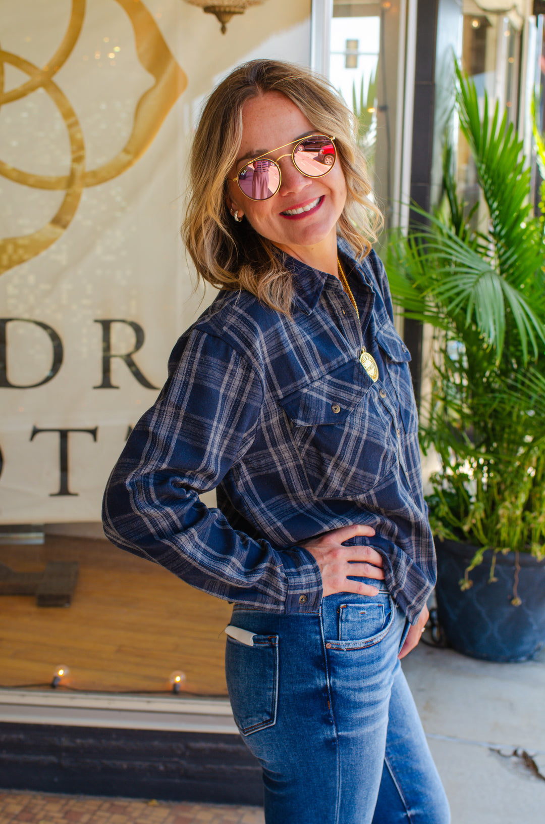 Bonfire Plaid Button Down Flannel in Navy/Grey Mix