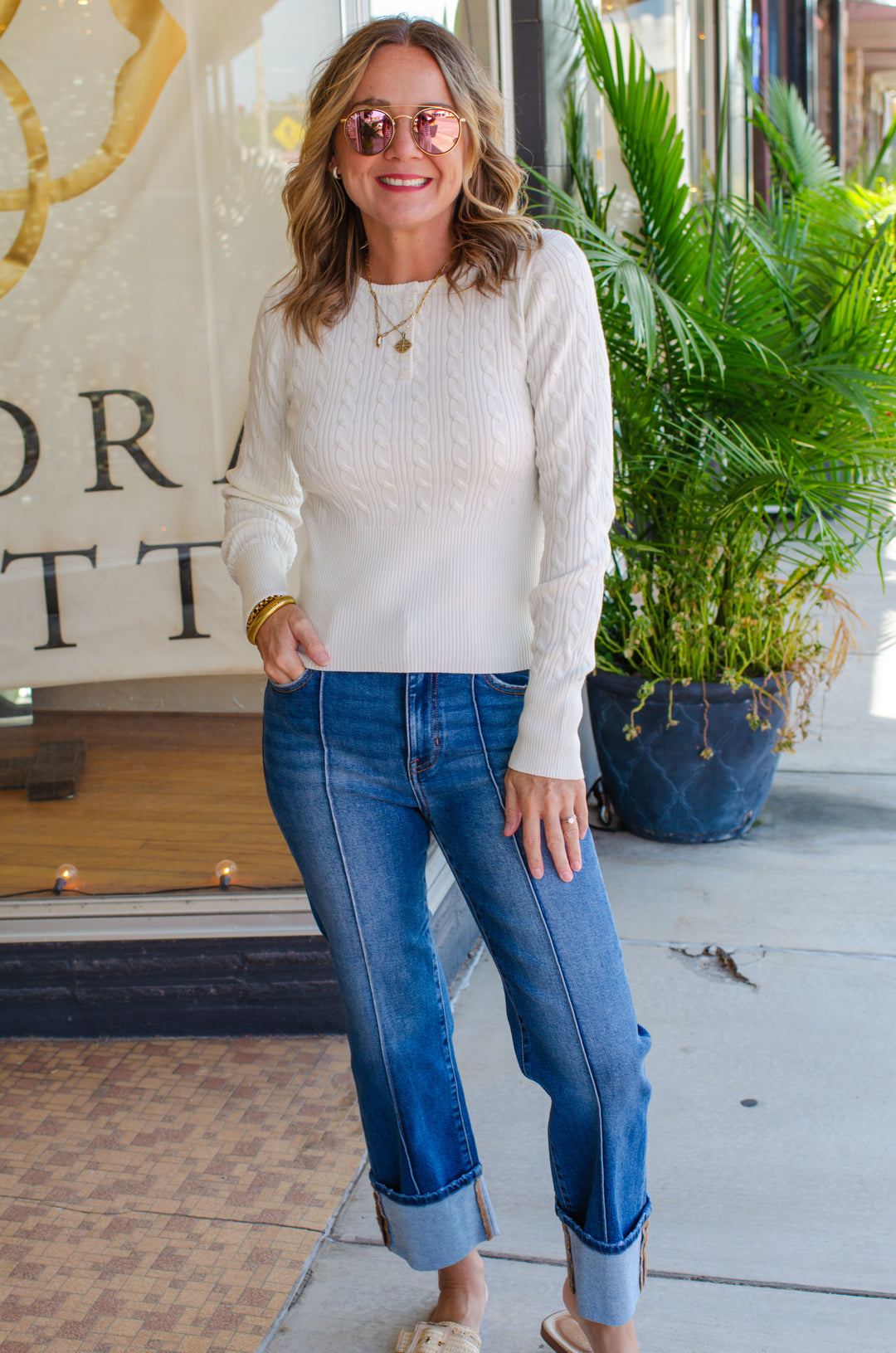 Go Your Own Way Cable Knit Henley Sweater in Cream