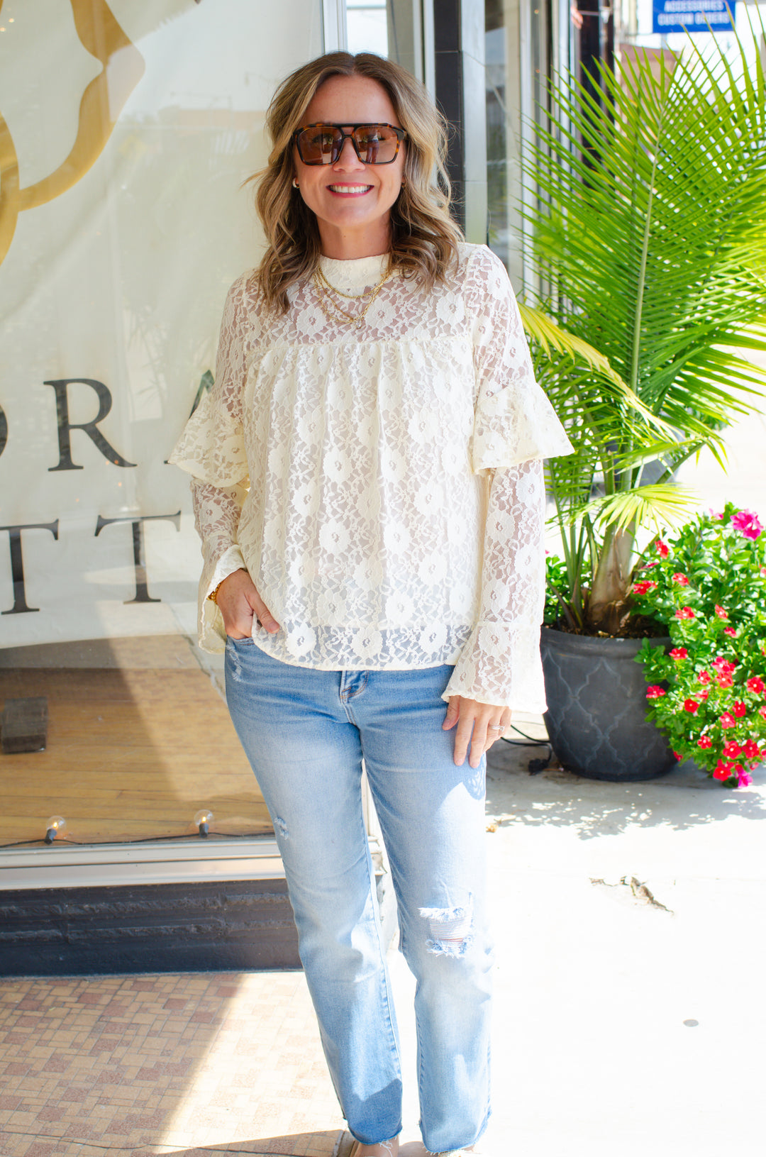 Bell of The Ball Lace Floral Ruffle Sleeve Blouse in Cream