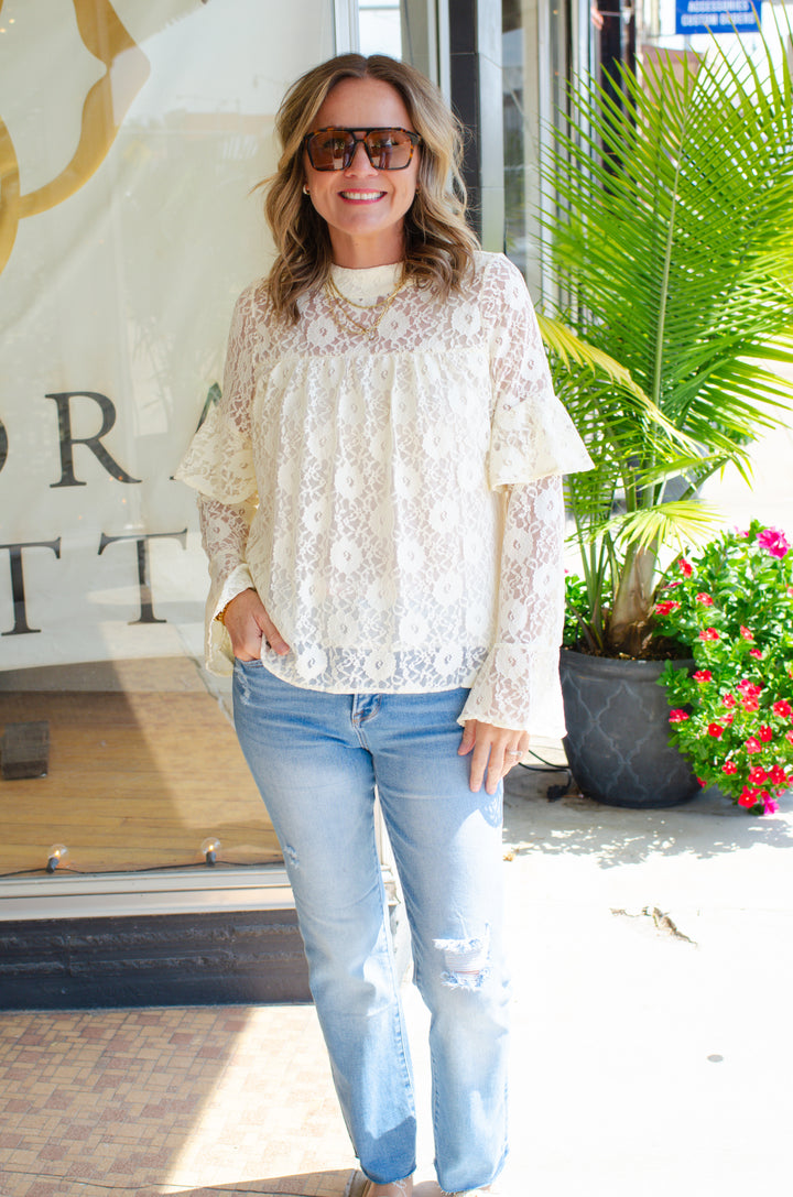 Bell of The Ball Lace Floral Ruffle Sleeve Blouse in Cream