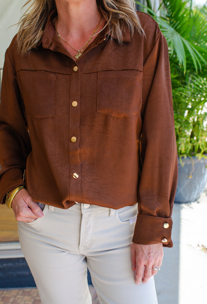 Classic Style 3/4 Sleeve Button Down Top in Chocolate