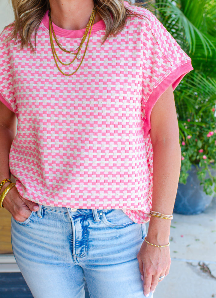 Love Like Ours Geometric Print Round Neck Short Sleeve Top in Pink