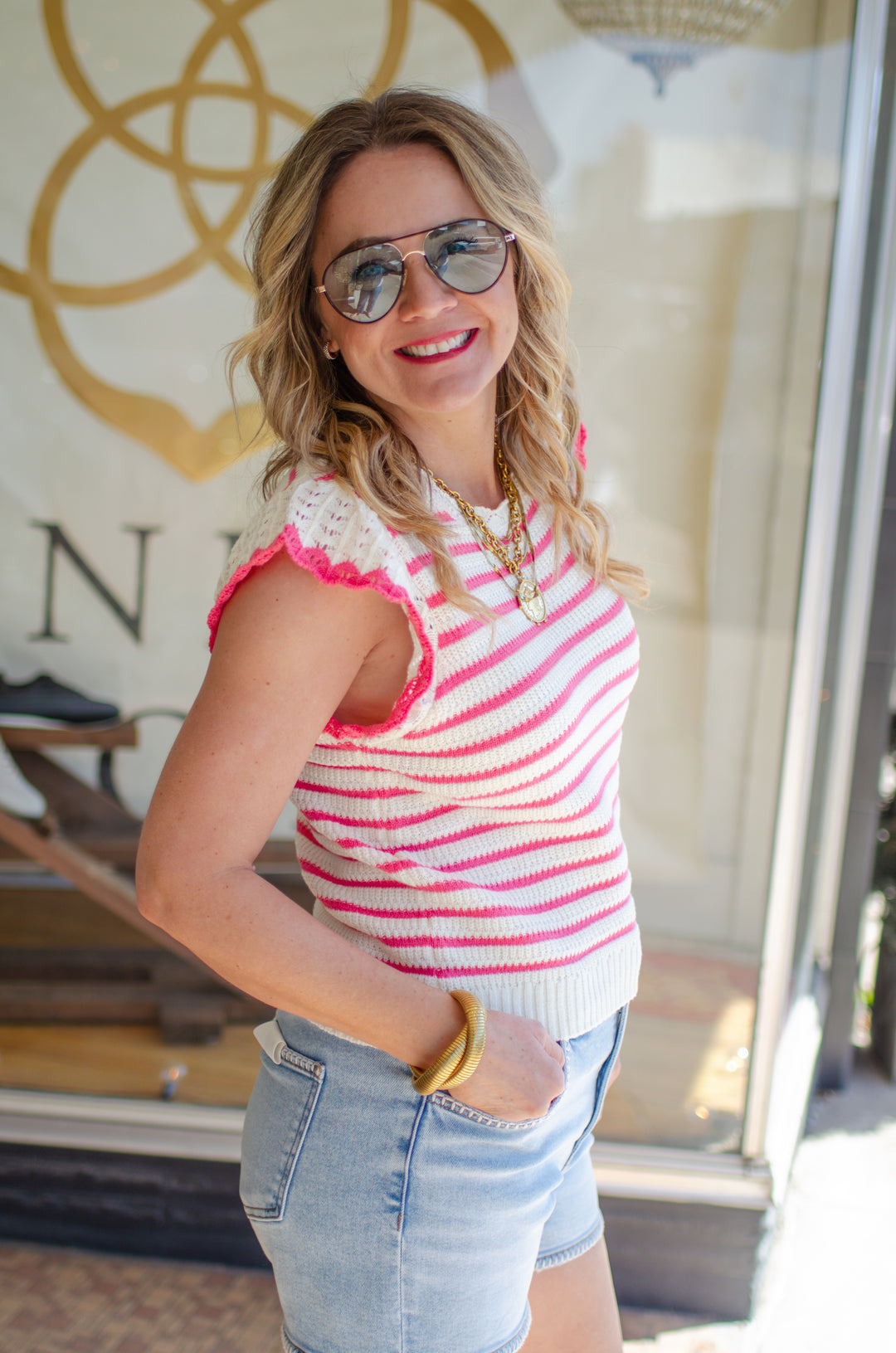 Spring Love Pink & Cream Scalloped Crochet Short Sleeve Top